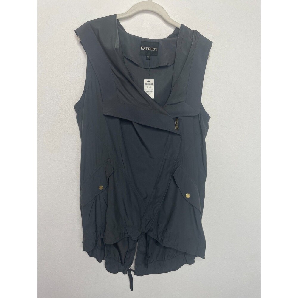 Express Petite Small Utility Vest Gray Hooded Asymmetrical Zip Up Oversized NWT